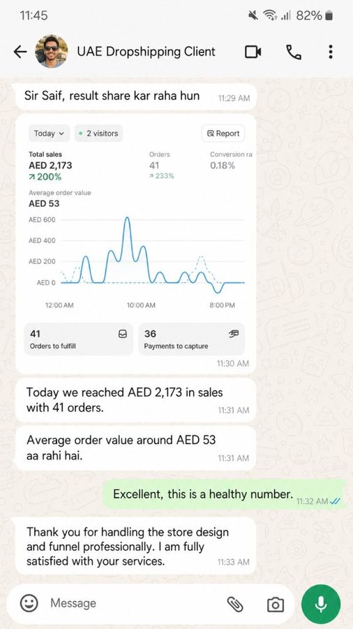 WhatsApp review screenshot from a UAE dropshipping client