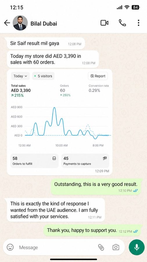 WhatsApp review screenshot from Bilal Dubai
