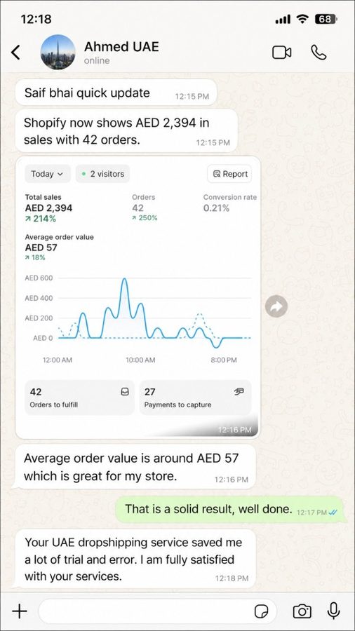 WhatsApp review screenshot from Ahmed UAE