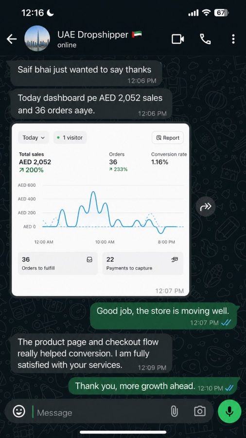 WhatsApp review screenshot from a UAE dropshipper