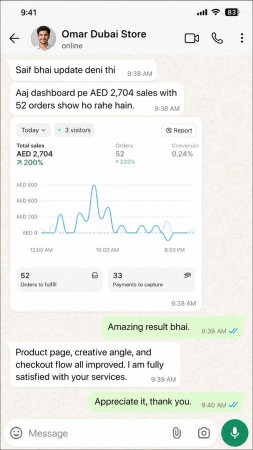 WhatsApp review screenshot from Omar Dubai Store