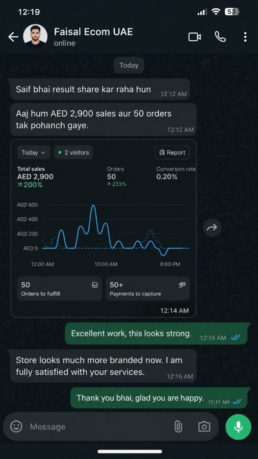 WhatsApp review screenshot from Faisal Ecom UAE
