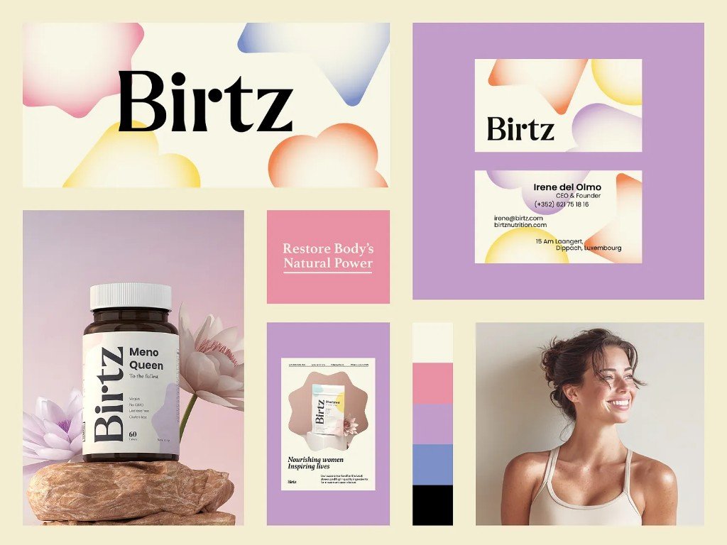 Birtz brand mosaic — logo, bottle, stationery, and lifestyle