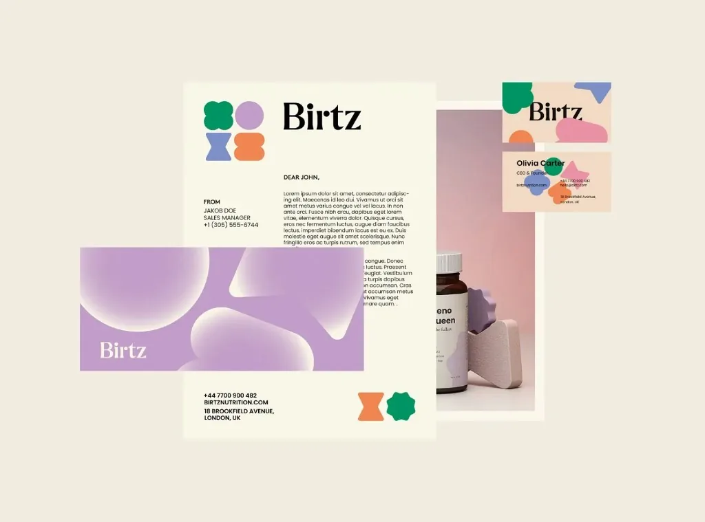 Birtz stationery, letterhead, and cards