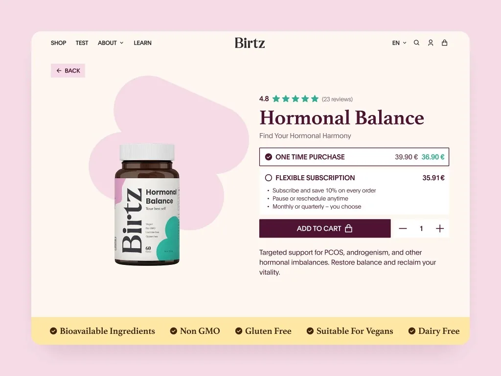 Birtz Hormonal Balance ecommerce product page