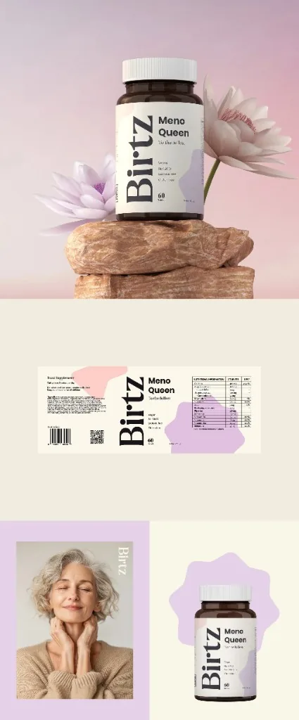 Birtz Meno Queen bottle, label flat, and lifestyle