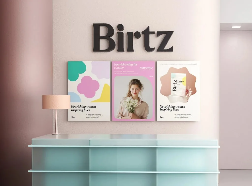Birtz office posters and 3D logo mockup